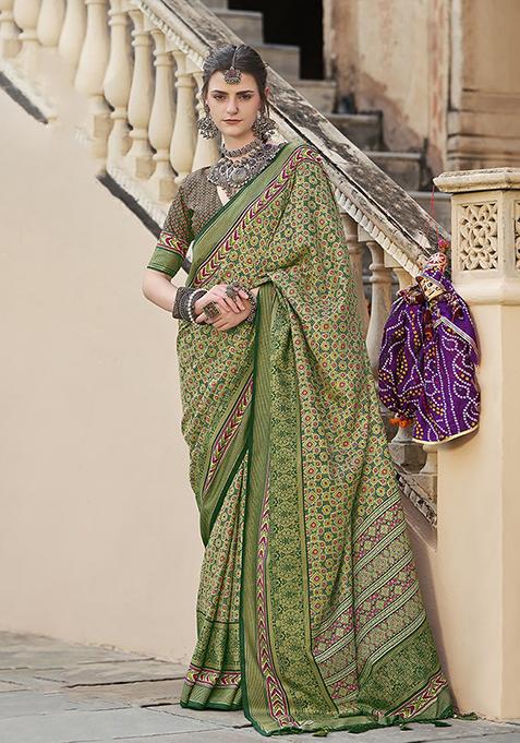 Green Printed Silk Saree Set