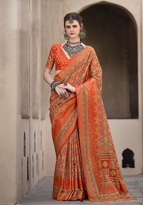 Orange Printed Silk Saree Set