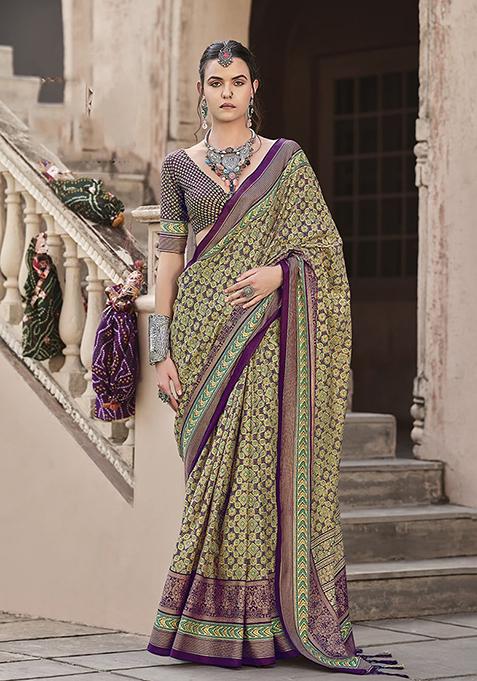 Multicolor Printed Silk Saree Set