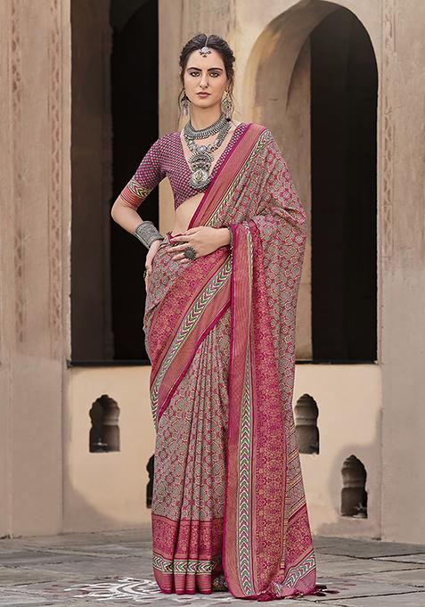 Maroon Printed Silk Saree Set