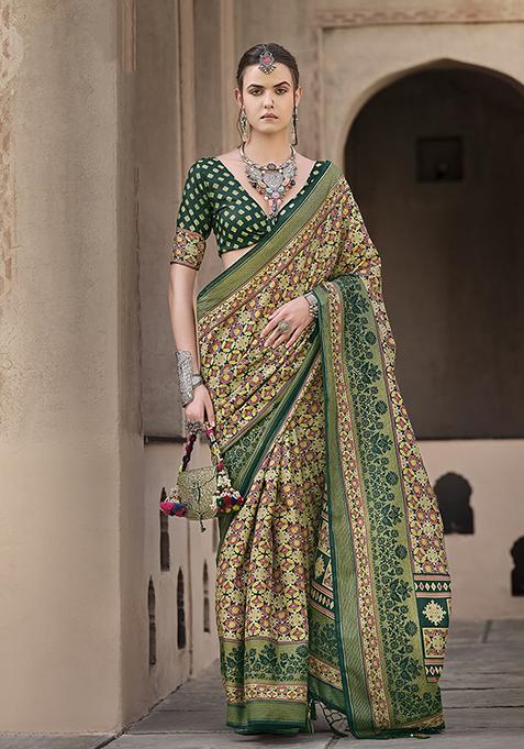 Multicolor Printed Silk Saree Set