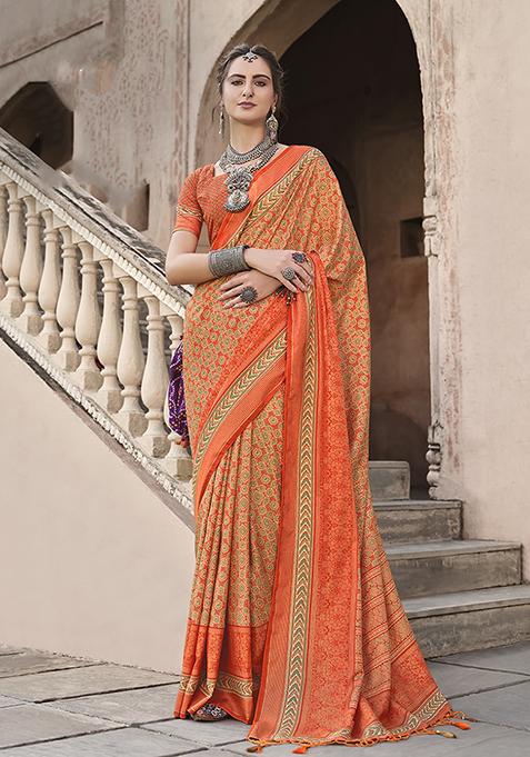 Orange Printed Silk Saree Set