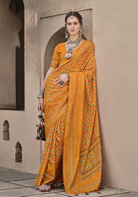 Amber Yellow Printed Silk Saree Set