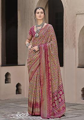 Rani Pink Printed Silk Saree Set