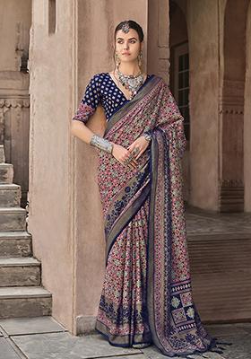 Navy Blue Printed Silk Saree Set