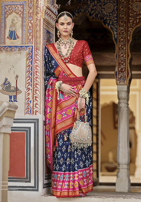 Navy Blue Printed Silk Saree Set