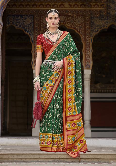 Green Printed Silk Saree Set