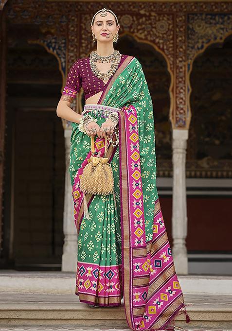 Light Green Printed Silk Saree Set