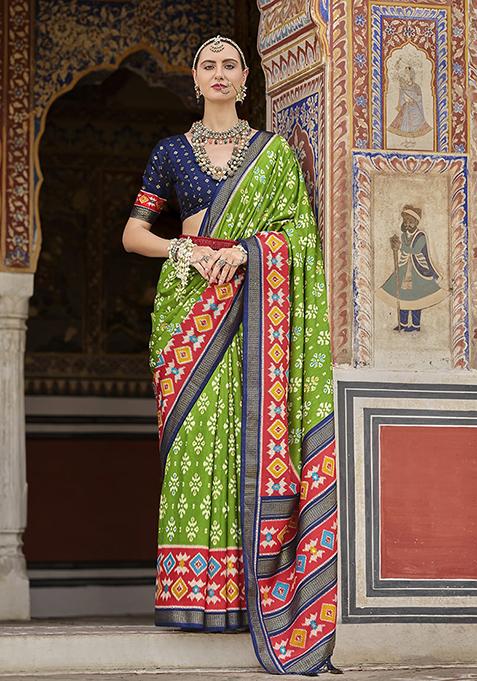 Parrot Green Printed Silk Saree Set