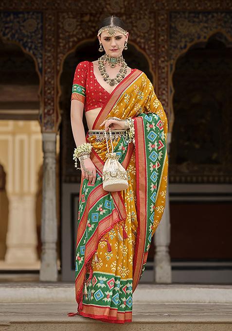 Mustard Printed Silk Saree Set