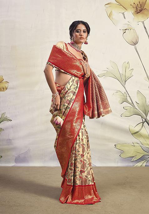 Cream Zari Woven Silk Saree Set