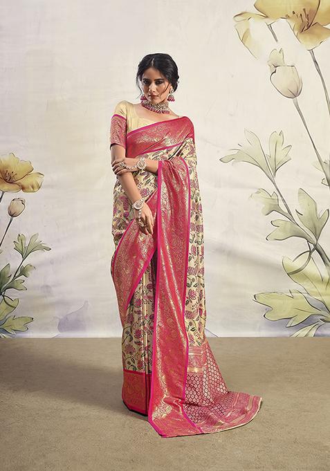 Cream Zari Woven Silk Saree Set