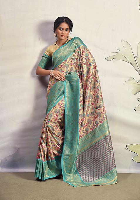 Cream Zari Woven Silk Saree Set