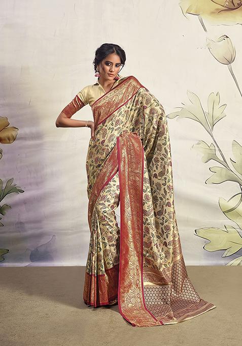 Cream Zari Woven Silk Saree Set