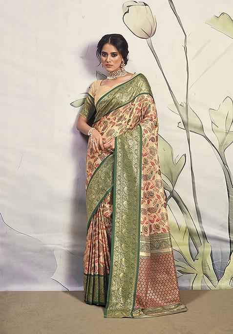 Cream Zari Woven Silk Saree Set