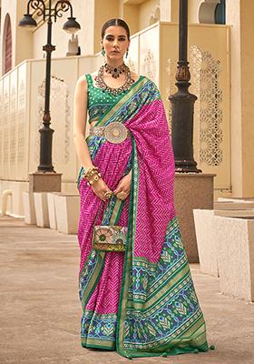 Rani Pink Printed Silk Saree Set