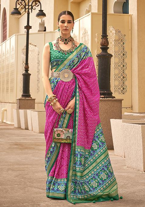 Rani Pink Printed Silk Saree Set