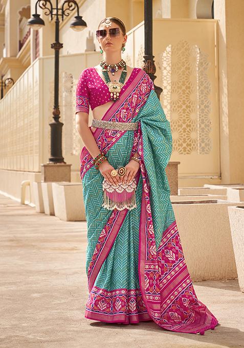 Turquoise Printed Silk Saree Set