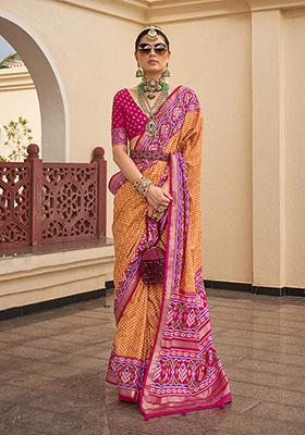 Mustard Printed Silk Saree Set