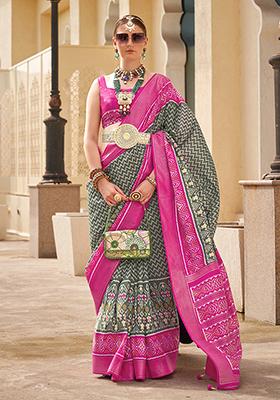 Dark Grey Printed Silk Saree Set
