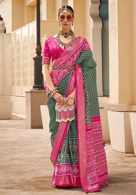 Dark Green Printed Silk Saree Set