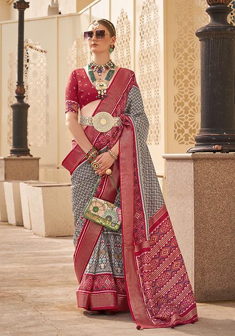 Grey Printed Silk Saree Set