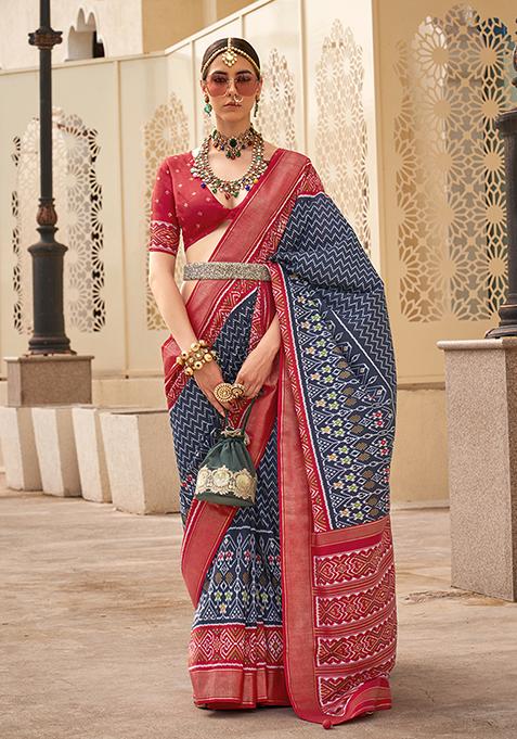 Navy Blue Printed Silk Saree Set