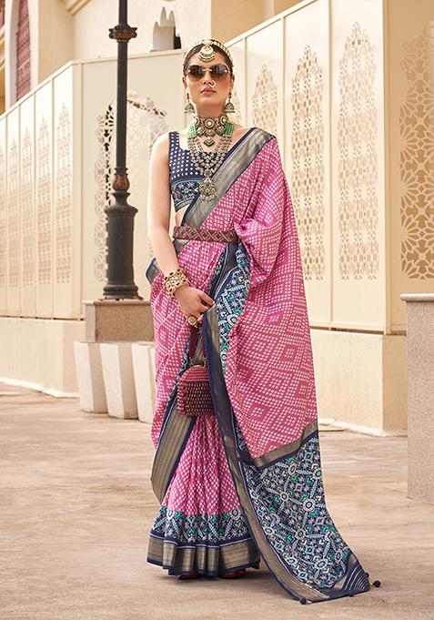 Pink Printed Silk Saree Set