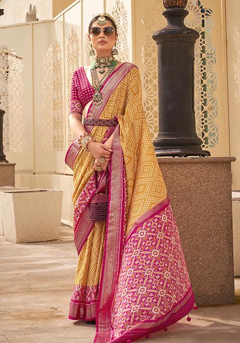 Yellow Printed Silk Saree Set