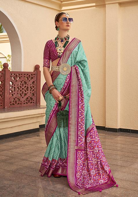 Light Sea Green Printed Silk Saree Set