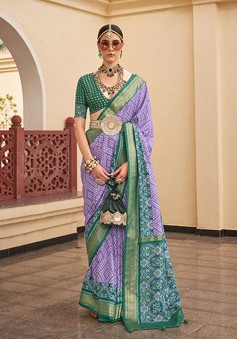 Lavender Printed Silk Saree Set