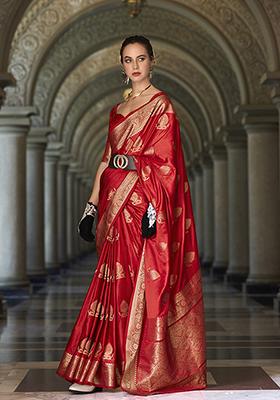 Red Zari Woven Satin Saree Set
