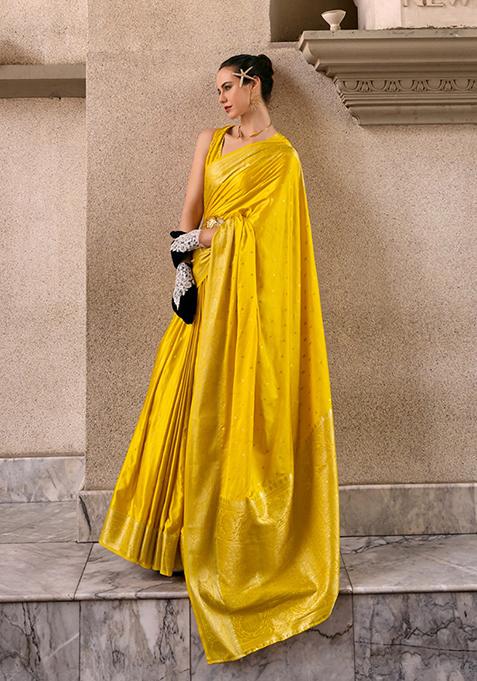 Yellow Zari Woven Satin Saree Set