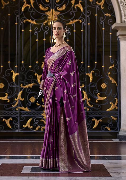 Wine Zari Woven Satin Saree Set