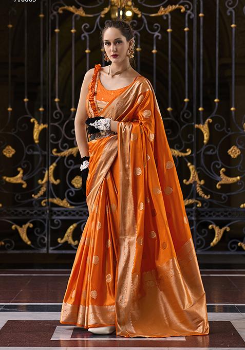 Orange Zari Woven Satin Saree Set