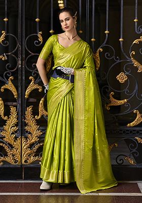 Parrot Green Zari Woven Satin Saree Set
