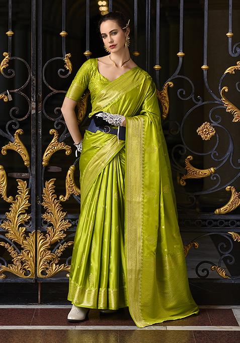 Parrot Green Zari Woven Satin Saree Set