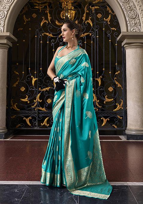 Turquoise Zari Woven Satin Saree Set