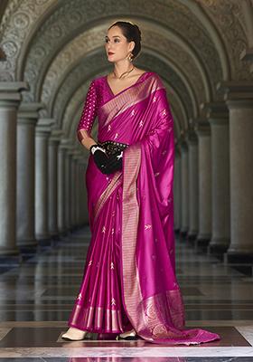Rani Pink Zari Woven Satin Saree Set