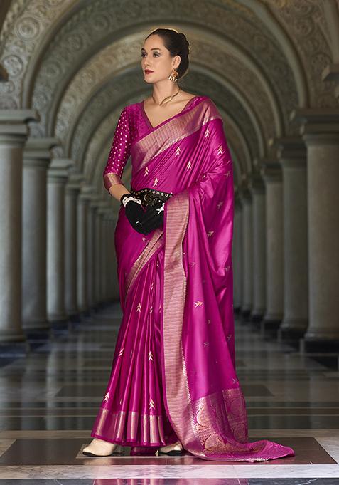 Rani Pink Zari Woven Satin Saree Set