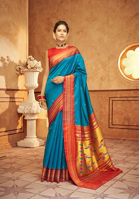 Turquoise Zari Woven Silk Saree Set