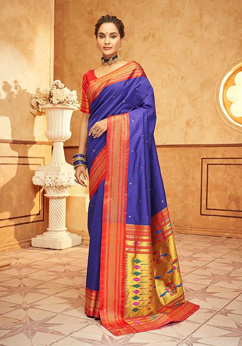 Navy Blue Zari Woven Silk Saree Set