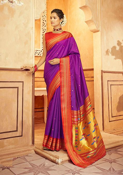 Magenta Zari Woven Silk Saree Set