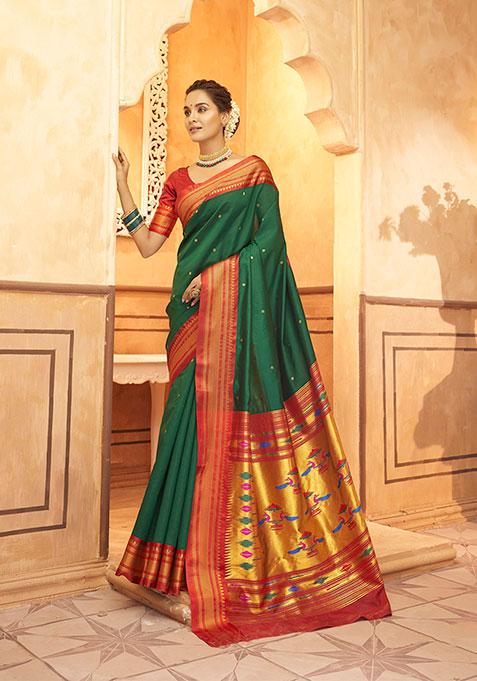 Dark Green Zari Woven Silk Saree Set