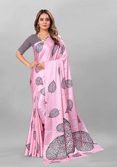 Pink Printed Japan Crepe Saree Set