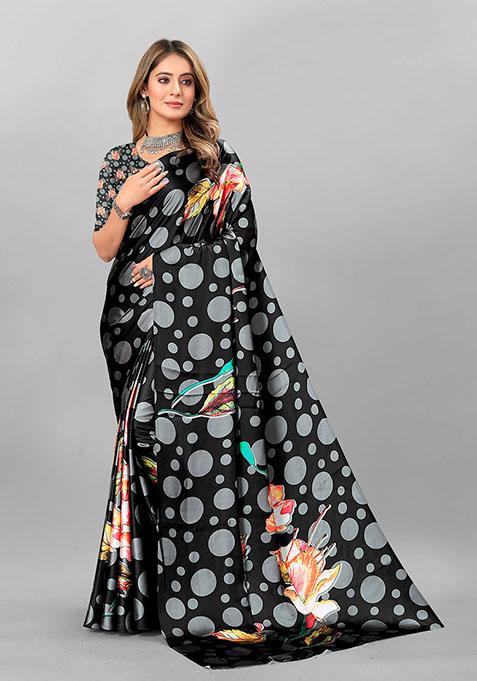 Black Polka Dots Japan Crepe Saree Set