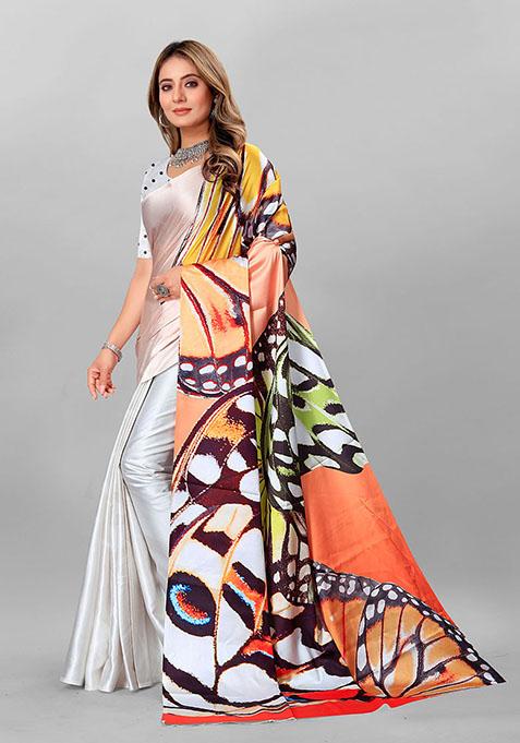 Peach Abstract Print Japan Crepe Saree Set