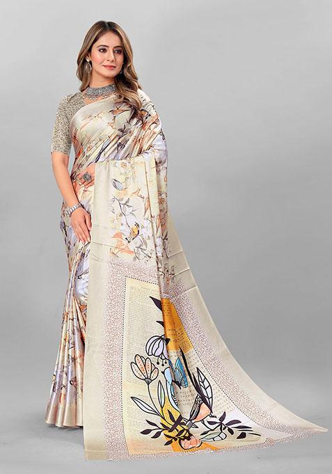 Cream Floral Print Japan Crepe Saree Set