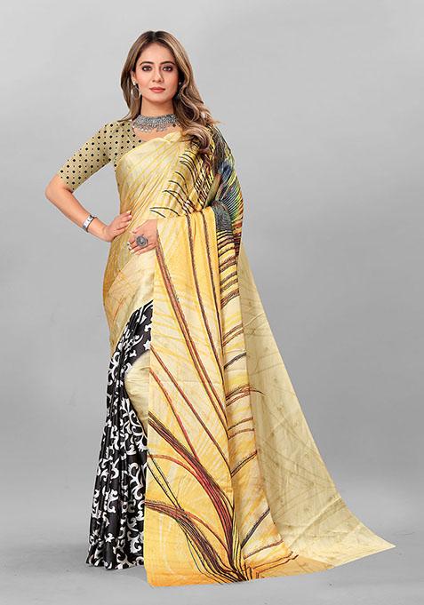 Yellow Printed Japan Crepe Saree Set