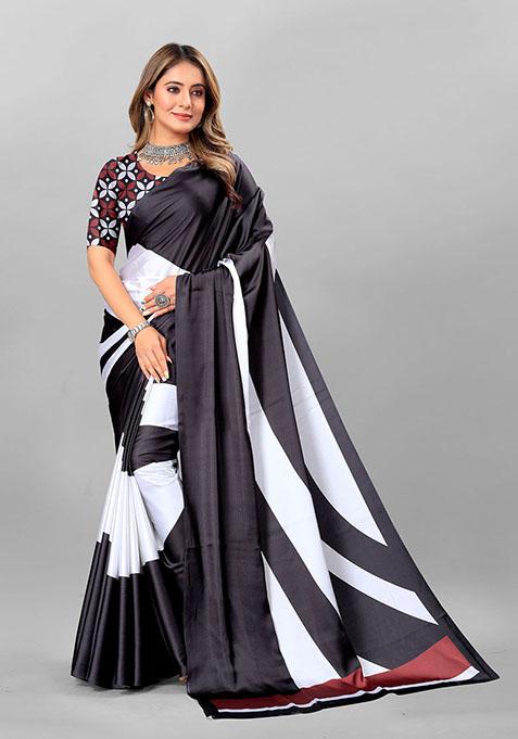 White Striped Print Japan Crepe Saree Set